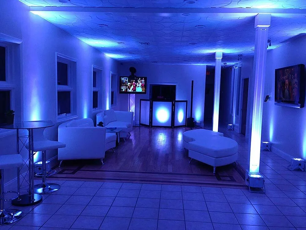 Reception room uplit in blue